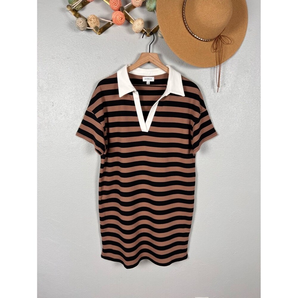 Evereve Nova Polo Mini Shirt Dress Cotton Chocolate Brown/Black Striped Large - Picture 8 of 9